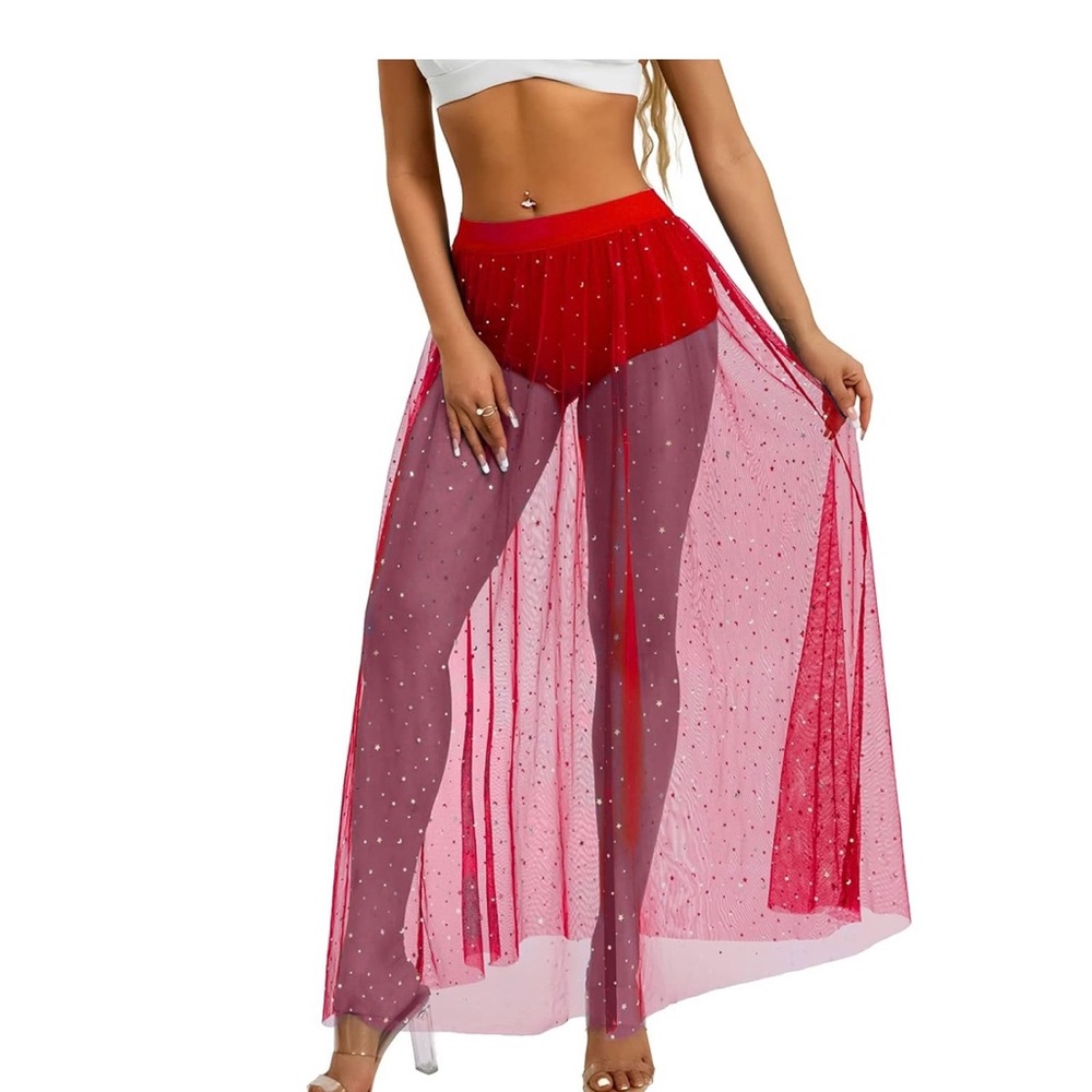 Women See Through Long Skirts Sequins Stars Moon Elastic High Waist Mesh Skirts